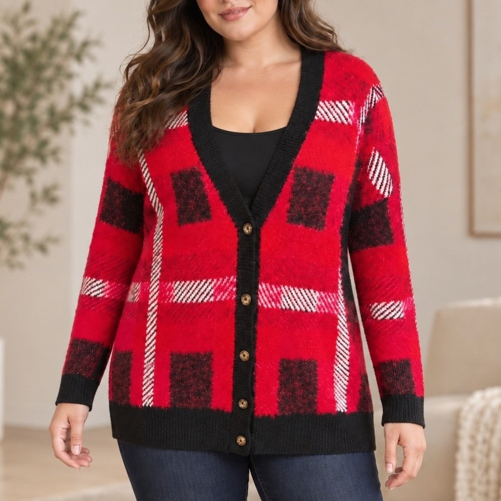 Torrid Red Black Plaid Fuzzy Eyelash Knit V-Neck Button Front Cardigan Size 1 XL